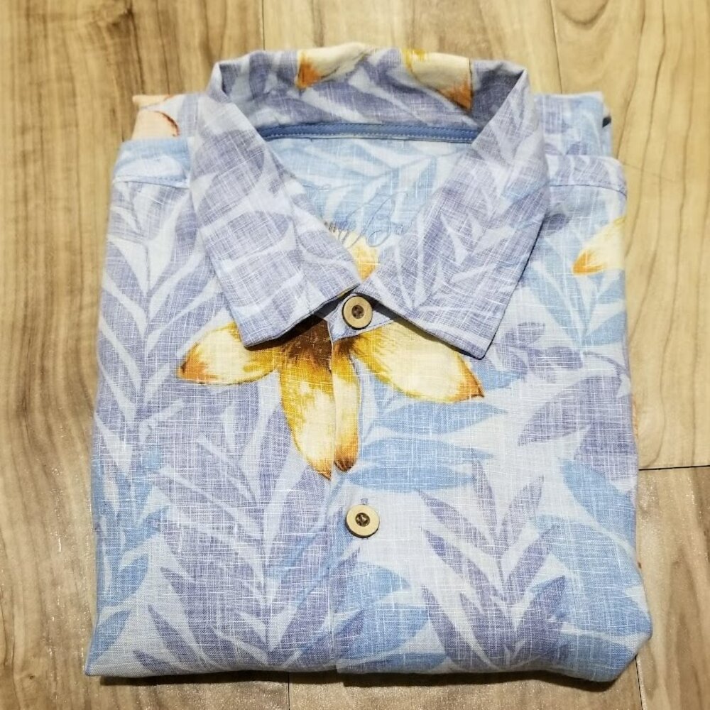 Tommy Bahama Sample Men M Reverse Print Linen Floral Hawaiian Camp Shirt